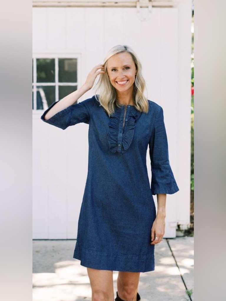 Draper James Indigo Ruffle-Placket Mini Dress